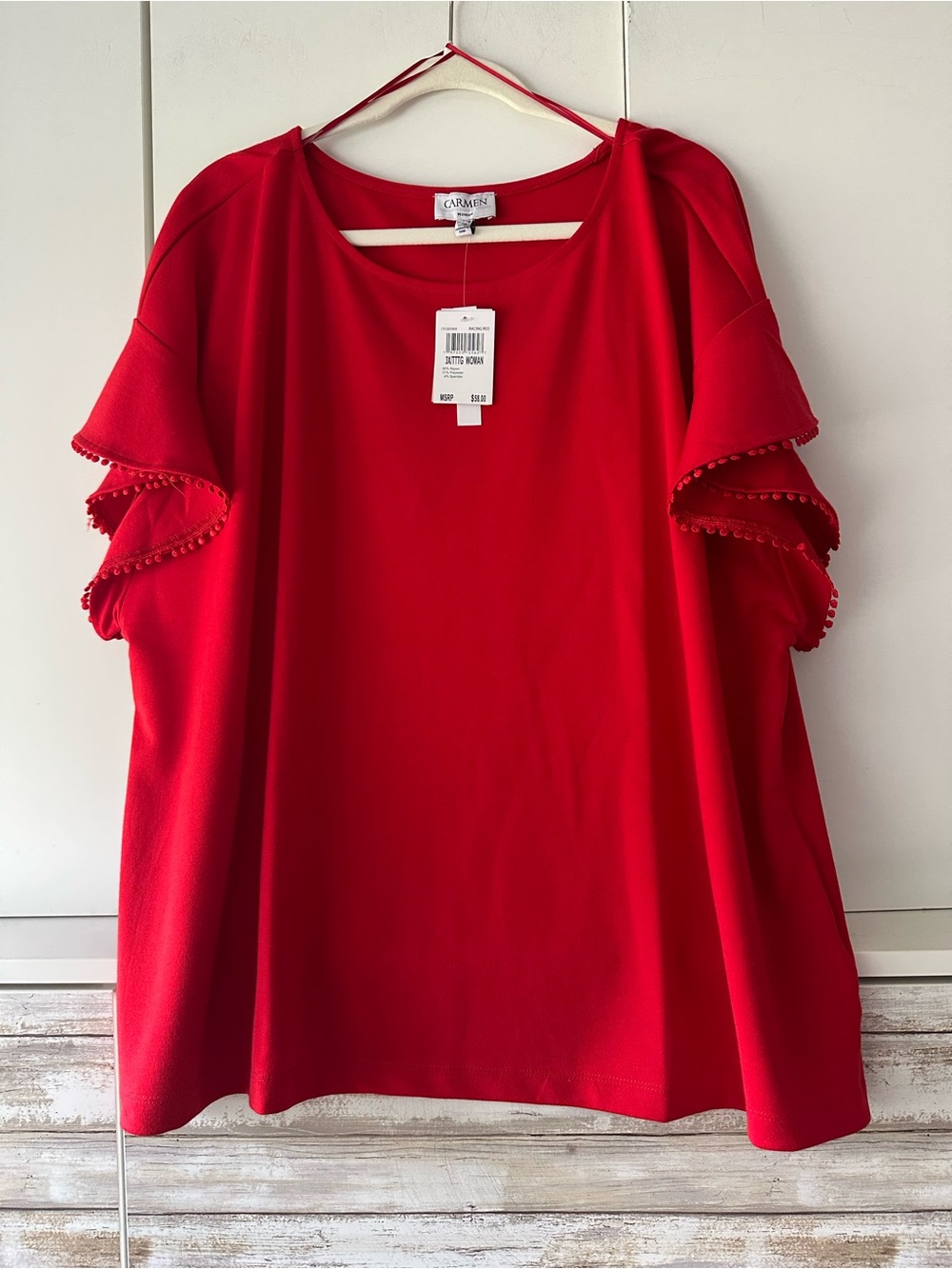👚 Carmen Woman 3X Racing Red Ruffle Sleeve Pom Trim Top NWT
